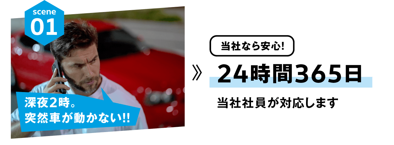 scene01 深夜2時。突然車が動かない！！ 当社なら安心！ 24時間365日 当社社員が対応します